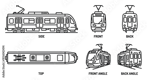Detailed Line Art Illustration: Modern Electric Train in Various Views