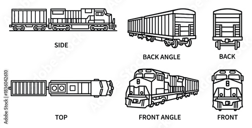 Detailed Train Illustration Set: Locomotive and Freight Car Perspectives