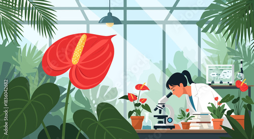 Botanical research in a glasshouse: A female scientist examining flora