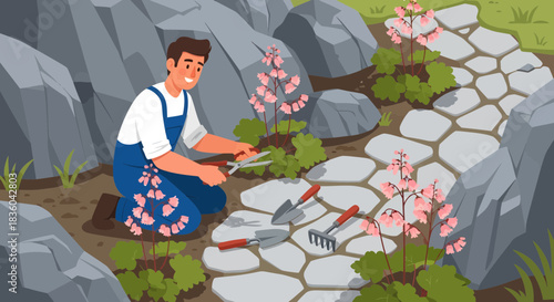 Landscaper tending a beautiful garden with stone path and pink flowers