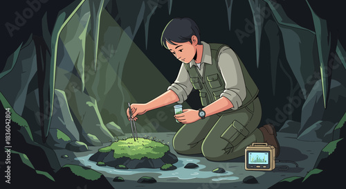 Botanist exploring moss samples in the depths of a mysterious cave environment