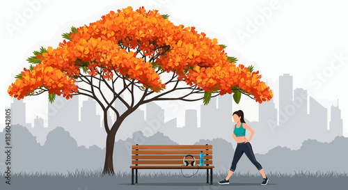Fitness in the park: A woman exercising near vibrant blooms and city skyline