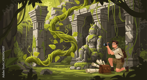 Adventurous photographer exploring the ancient temple ruins covered in jungle vines