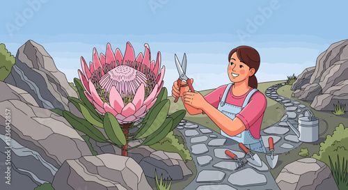 Animated woman tending a vibrant pink protea flower in rocky garden setting