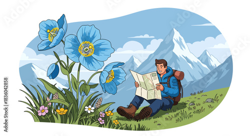 A hiker pauses amidst blooming blue poppies to consult his map near snow mountains
