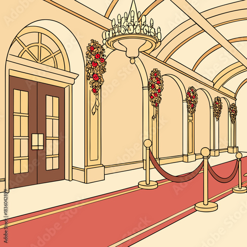 red corridor with columns