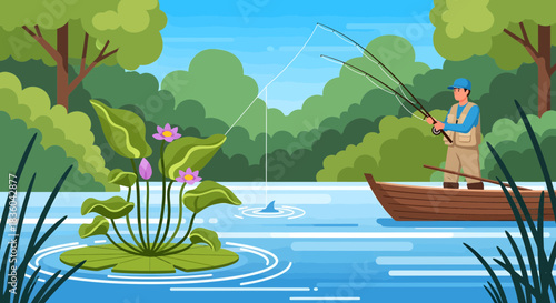 Serene fishing adventure: A cartoon image of a man catching fish on the lake