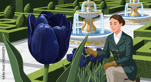 Serene scene with a gardener tending dark tulips in a formal garden setting