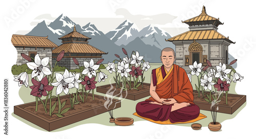 Monk meditating in a tranquil garden setting with temples and mountains
