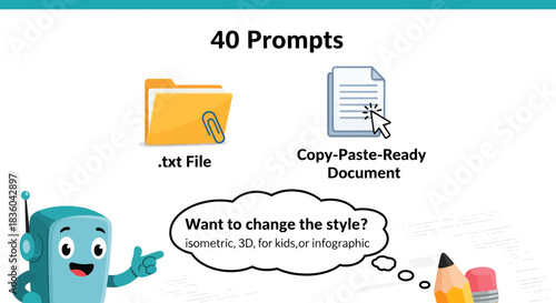 40 Prompts for Different Styles including Isometric, 3D, Kids or Infographic