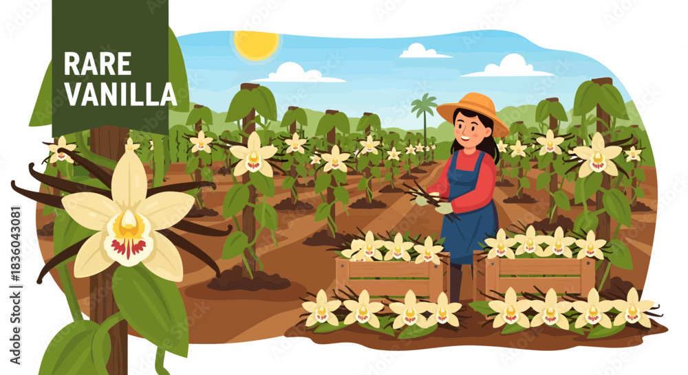 Fototapeta premium Vanilla plantation with a young woman farmer harvesting vanilla beans illustration