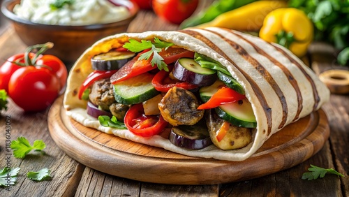 Fresh Grilled Vegetable Wrap on Wooden Board