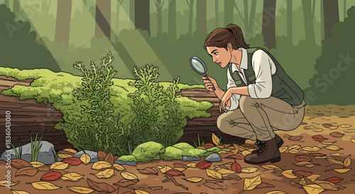 Young researcher exploring forest floor with magnifying glass for exploration