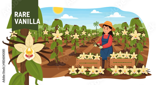 Vanilla plantation with a young woman farmer harvesting vanilla beans illustration