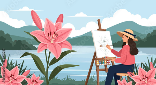 En Plein Air: An Artist's Creative Escape Amidst Blooming Lilies and Lakeside Scenery