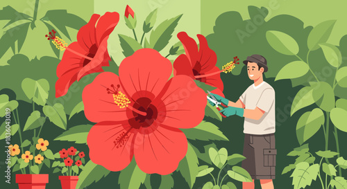 Man pruning red hibiscus flowers in a vibrant garden setting illustration