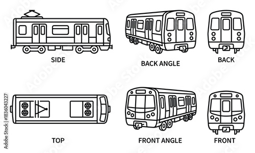 Vector illustration of a passenger train from different perspectives.