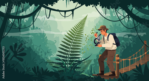 Biologist conducting research using a microscope in the lush, green rainforest