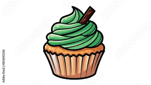Delicious Green Frosted Cupcake with Chocolate Stick Topping.
