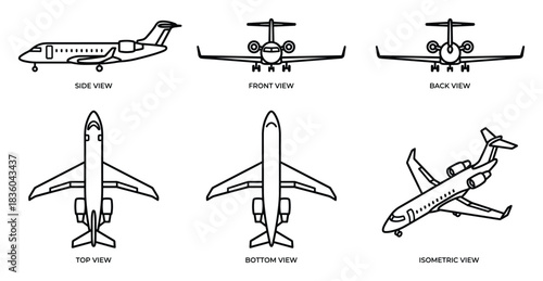 Private Jet Airplane Detailed Orthographic Projection Views Vector Diagram