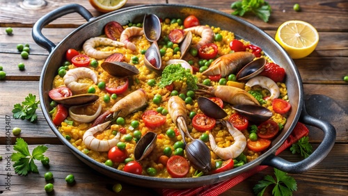 Colorful Seafood Paella in Cast-Iron Pan – Gourmet Mediterranean Dish