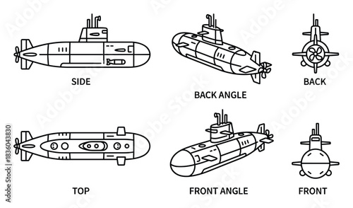 Detailed Submarine Schematic Views: Top, Side, Front, and Back Angles