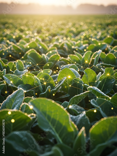 field of green plants, Green soybean field with glowing digital network overlay. Precision agriculture tech enhances crop growth. Smart farming uses data for better yields. Future farming is connected
