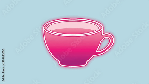 Pink teacup filled with pink liquid on a light blue background.