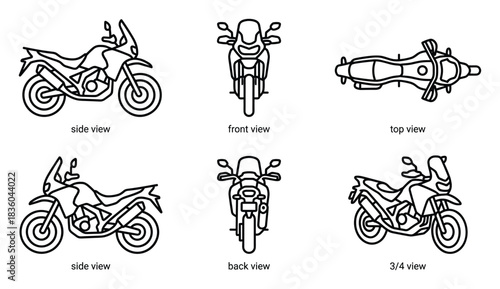 Technical illustration: Adventure Motorcycle in various angles and views.