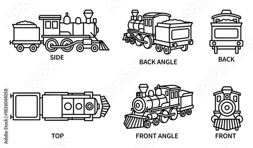 Detailed vintage train outline illustration showing various perspectives.