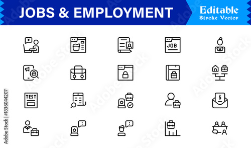 Unique Job & Employment line icon collection with clean career symbols, job search vectors, hiring and workplace minimalistic line icons designed for professional use