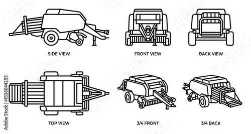 Detailed Agricultural Baler Machine Illustration: Side, Front, Back, Top Views