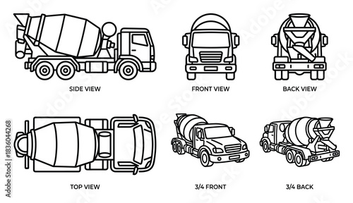 Cement Mixer Truck Detailed Technical Drawing with Multiple Views