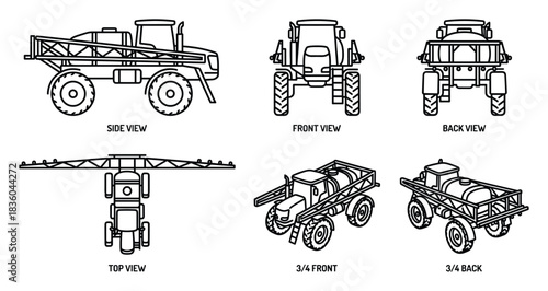 Detailed technical illustration of a self-propelled sprayer vehicle design.
