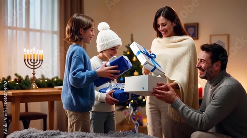 Family exchanges gifts during Hanukkah at home. Happy children and parents hold gift boxes decorated with blue details and ribbons.