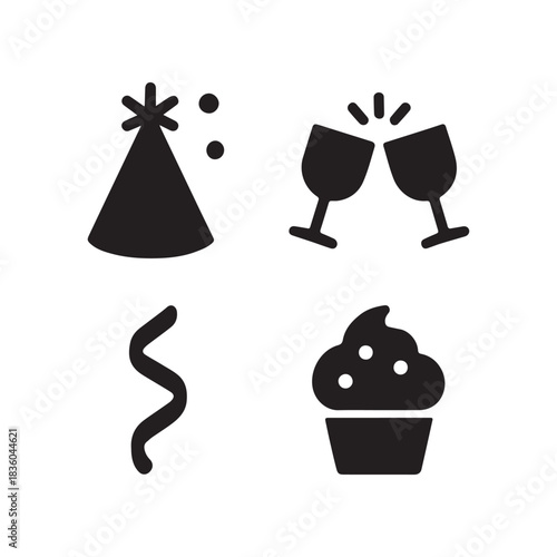 Party celebration icons silhouette set with hat, toast streamer and cupcake