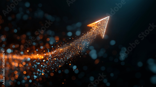 Abstract financial growth arrow made of glowing particles and bokeh lights