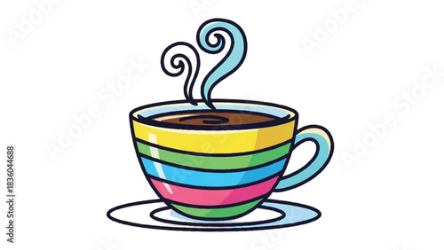 Colorful Striped Cup of Hot Coffee with Steam.
