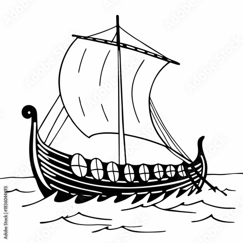 Outlined viking ship on water