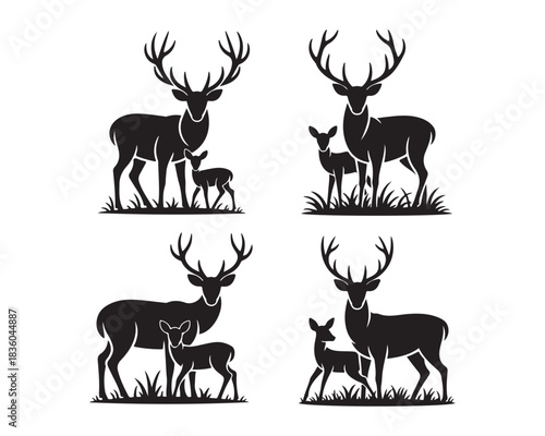 Forest deer family, with large antlers, calm doe, playful fawns, grass vector silhouette illustration design set collection, forest deer silhouette, deer family silhouette, stag with large antlers, 