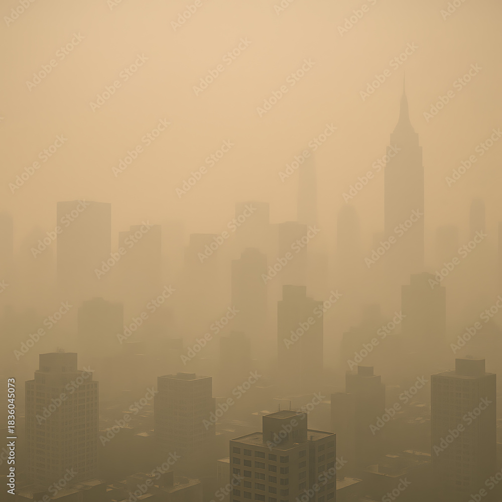 Naklejka premium Urban city skyline covered in dense smog and air pollution creating hazy atmosphere, environmental pollution concept highlighting poor air quality, climate impact, industrial emissions and health conc