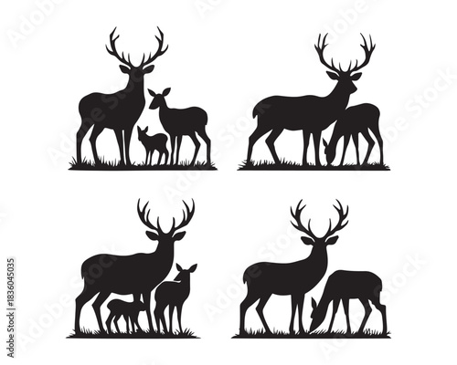 Forest deer family, with large antlers, calm doe, playful fawns, grass vector silhouette illustration design set collection, forest deer silhouette, deer family silhouette, stag with large antlers, 