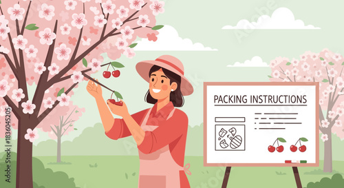 Happy Cherry Picker with Packing Instructions Board Amidst Blossoming Trees