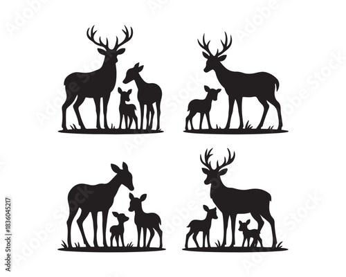 Forest deer family, with large antlers, calm doe, playful fawns, grass vector silhouette illustration design set collection, forest deer silhouette, deer family silhouette, stag with large antlers, 