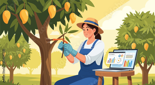 Modern agriculture: Female farmer pruning trees with technology integration