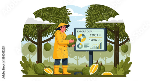 Durian farmer monitoring export data amidst his orchard during the rainy season