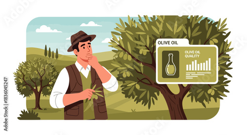 Olive farmer contemplating quality assessment, with vineyard background illustration
