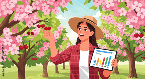 Agronomist analyzing cherry crop quality with tablet in blossoming orchard