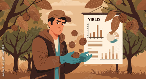 Walnut Farmer Analyzing Harvest Yield Data Amongst Orchard Trees