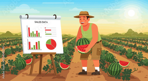Farmer Analyzing Sales Data in a Watermelon Field Under a Bright Sunny Sky